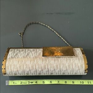 Gold and White Cylindrical Clutch with Chain Handle